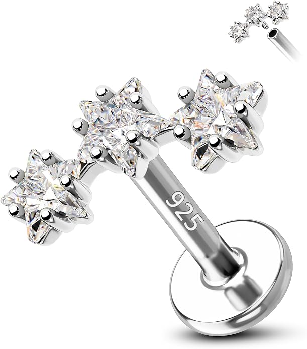 COCHARM 925 Sterling Silver Flat Cartilage Earrings Stud 16g 6mm 8mm 10mm Flat Back Helix Piercing Jewelry Star Tragus Earring Silver Climb Conch Jewelry Hypoallergenic Conch Earrings for Women Man