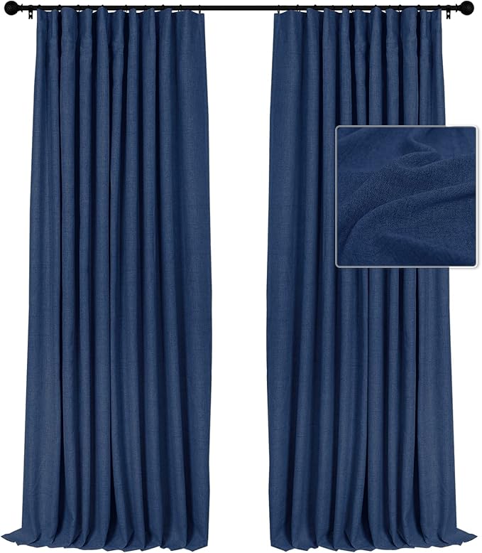 INOVADAY 100% Blackout Curtains for Bedroom, Navy Blue Black Out Curtains 84 Inch Long, Clip Rings Linen Blackout Drapes, Thermal Insulated Room Darkening for Living Room, 2 Panels - W50xL84