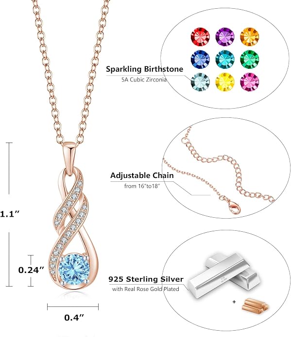 Birthstone Necklaces for Women 925 Sterling Silver Infinity Pendant Created Gemstone Jewelry for Her, 16"+2"