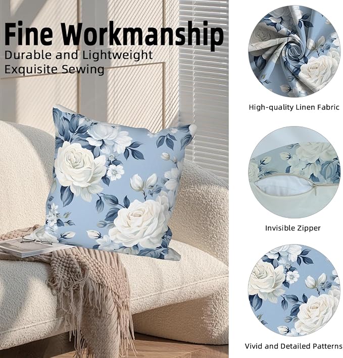 4 Pcs/Set Rose Flowers Pillow Covers Summer Floral Green Leaves Flowering Shrub Plants Natural Scenery Colorful Watercolor Linen Cushion Case for Outdoor Couch Sofa Bedroom, 26"x26"