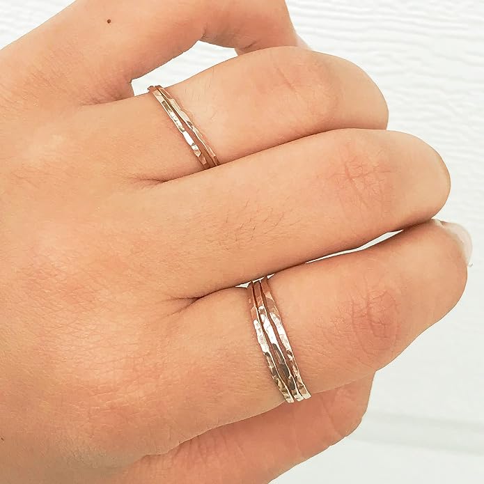 Ellie J Maui Hammered Ring, 1mm Thin Stacking Rings, Minimalist Rings for Women, 14K Gold Filled Rings for Teen Girls Midi Knuckle Pinky Finger Jewerly (Size 3-11)