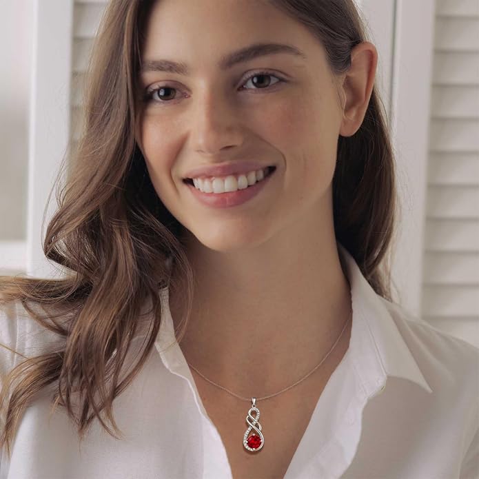 Gemstone Infinity Pendant Necklaces for Women, S925 Sterling Silver Round cut Zircon Necklace Birthstone Jewelry Gift for Her
