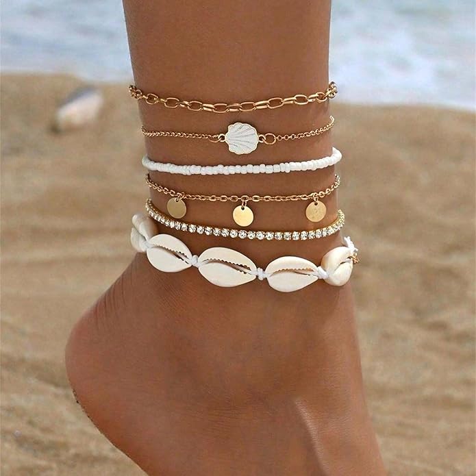 Qceasiy Bead Ankle Bracelets Set For Women, Adjustable Gold Plated Boho Shell Anklet, Hawaiian Beach Seashell Pearl Disc Starfish Conch Foot Jewelry, Summer Fashion Gifts