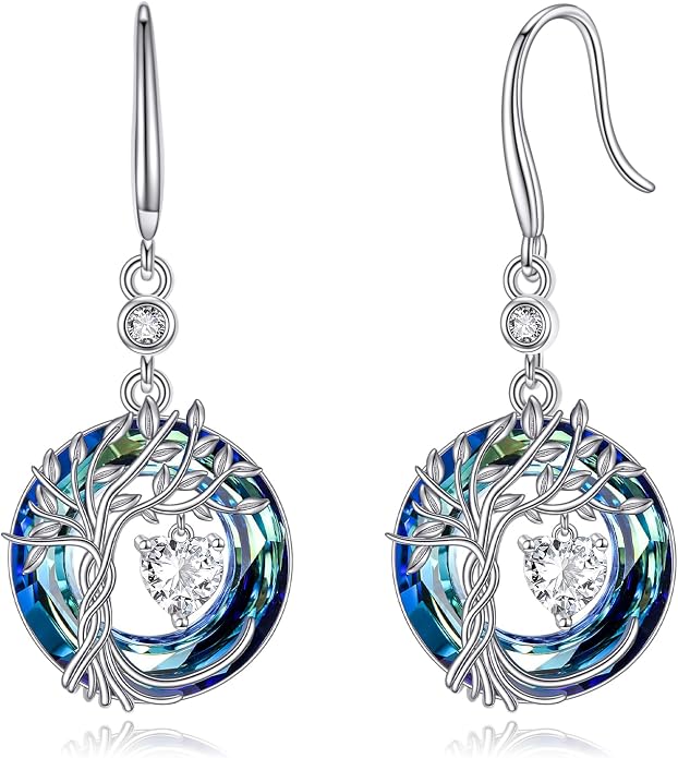 POPLYKE Tree of Life Birthstone Earrings 925 Sterling Silver Dainty Gemstone Birthstone Dangle Drop Earring with Crystal Fine Jewelry Birthday Gifts for Women Her