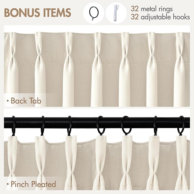 MIULEE Pinch Pleated 100% Blackout Curtains 40"x96" Long Birch 4 Panels Set | Thick Linen, Memory Trained Pleat, Back Tab Double Layer Drapes, Thermal Insulated, Curtain for Bedroom Living Room Darkening