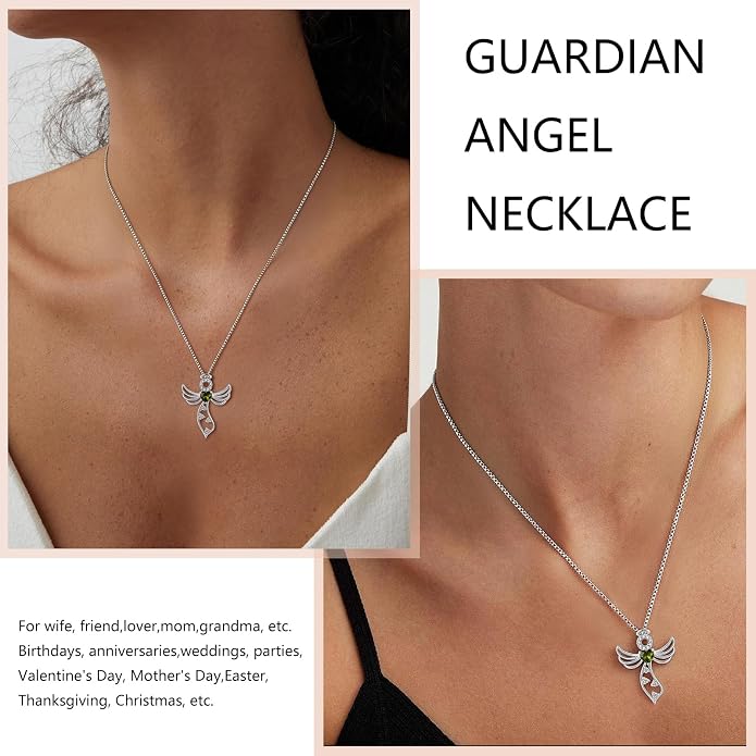 925 Sterling Silver Guardian Angel Pendant Necklace for Women - Birthstone Cubic Zirconia, 18" Chain, Gift for Her