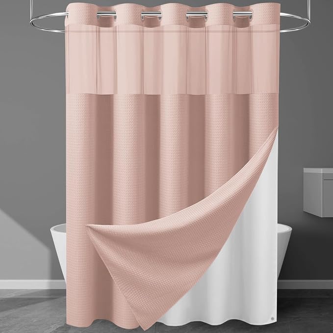 EUTXL Heavyweight Blush Pink Long No Hook Shower Curtain with Snap in Liner,256GSM Waffle Weave Shower Curtains for Bathroom,71W x 86H