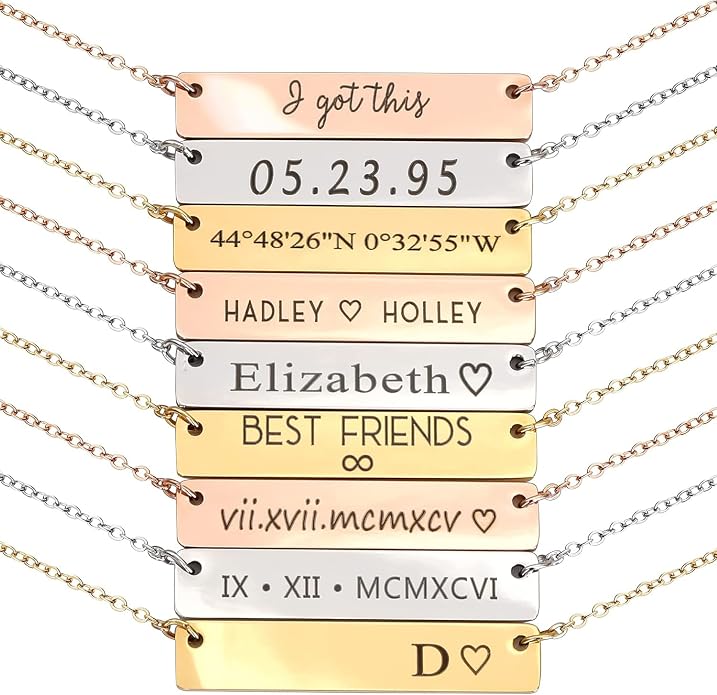 MignonandMignon Personalized Engraved Bar Necklace, Custom Name, Date, Coordinates, Friendship Jewelry, Birthday, Wedding, Graduation, Gift for Women