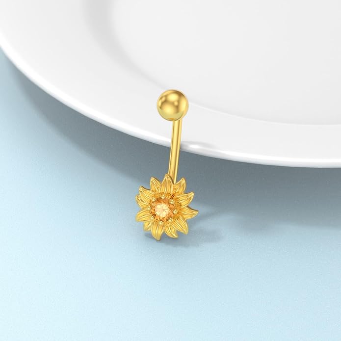 Sunflower Belly Button Ring 925 Sterling Silver 18K Gold Plated Natural Citrine Sunflower Navel Piercing Nail Jewelry Gifts for Women