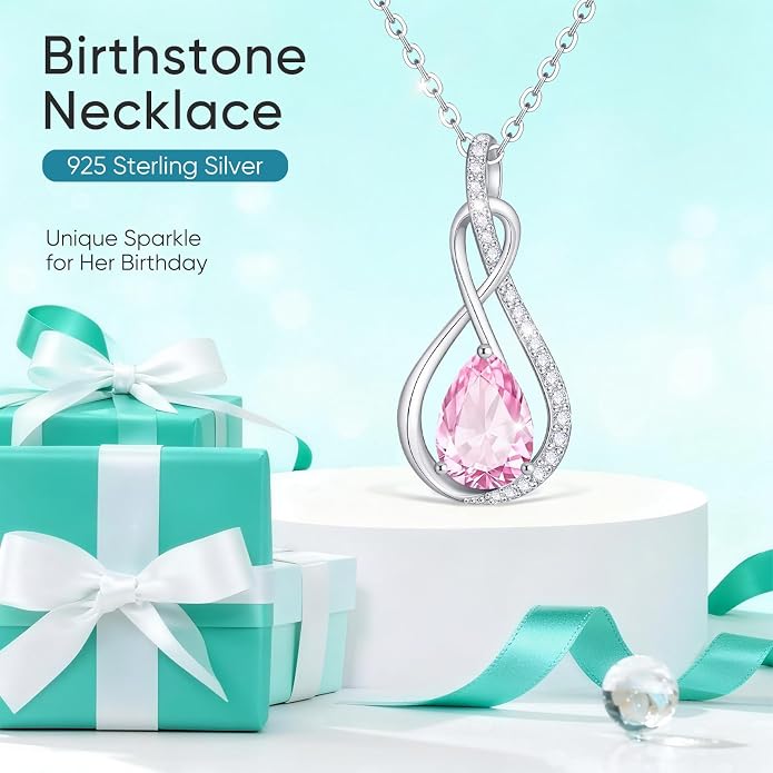 Birthstone Necklaces for Women Mothers - 925 Sterling Silver Dainty Infinity Cubic Zirconia Pendant Necklace Anniversary Birthday Christmas Gifts for Her Wife Mom Lady Daughter, Adjustable Chain