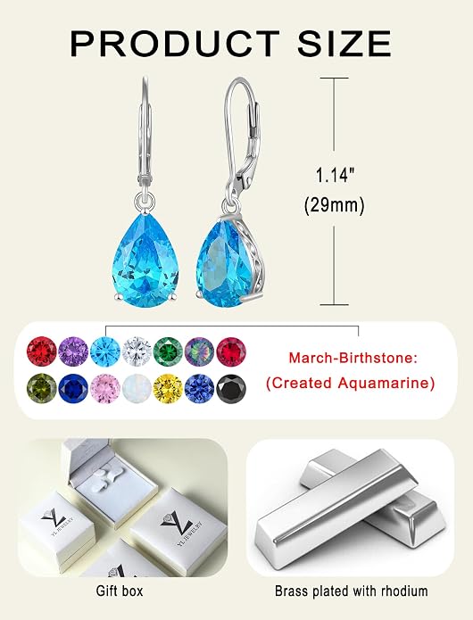 YL Solitaire Dangle Drop Earrings Teardrop Leverback Earrings Brass 8X12 MM Birthstone Jewelry for Women