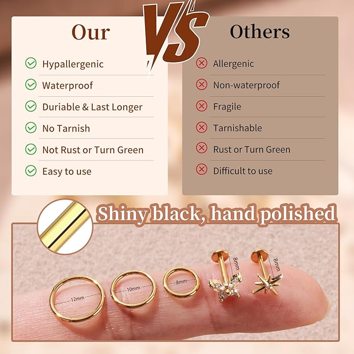 G23 Titanium 10Pcs 16G/18G Stud Earrings Flat Back Tragus Cartilage Earrings Rings Hoops CZ Butterfly Flower Leafage Heart Stud Labret Conch Helix Piercing Jewelry Set