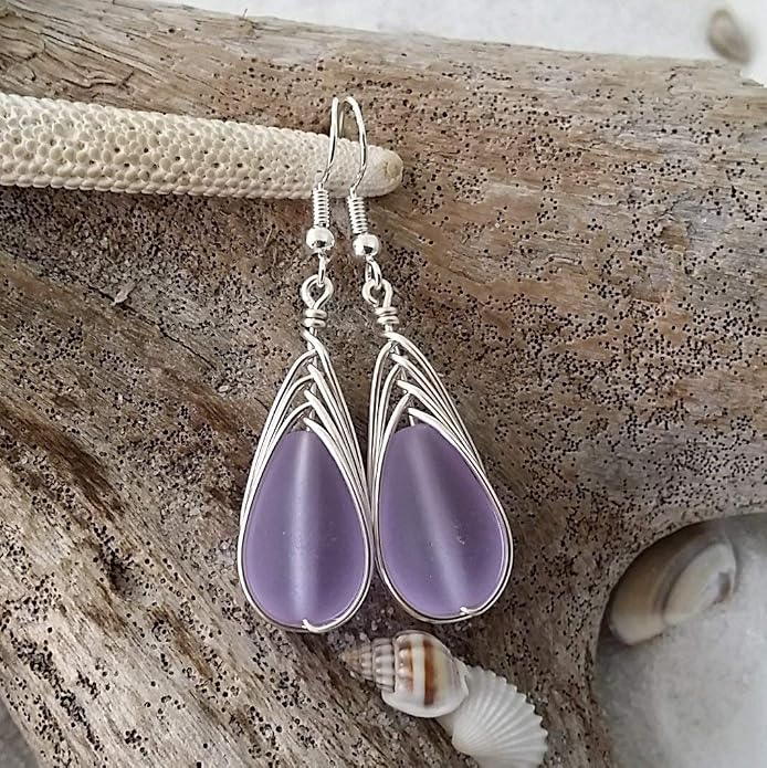 Handmade Sea Glass Earrings, Hawaiian Jewelry, Wire Braided Earrings Teardrop Earrings, Beach Jewelry Sea Glass Jewelry For Women Birthday Gift