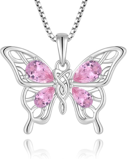 Butterfly Necklace 925 Sterling Silver Celtic Knot Pendant Teardrop Birthstone Twisted Jewelry for Women