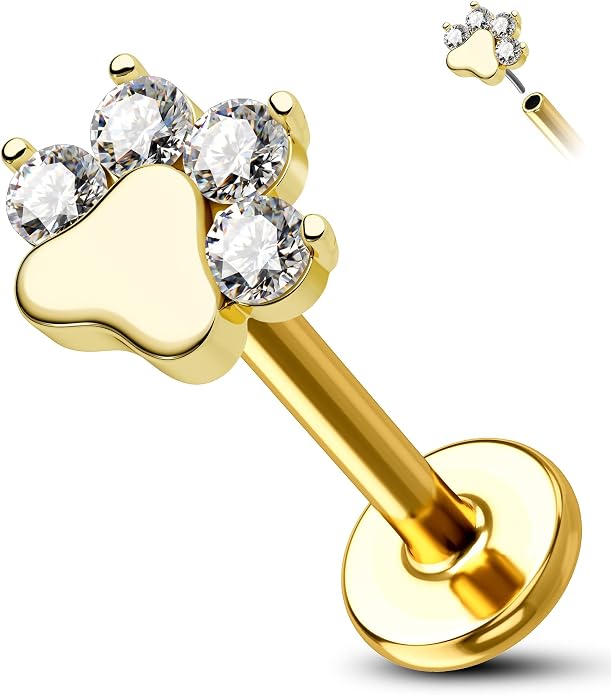 Cocharm 14K Solid Gold Cartilage Earring - Dog Paw Yellow Gold Flat Back Helix Stud, 16g