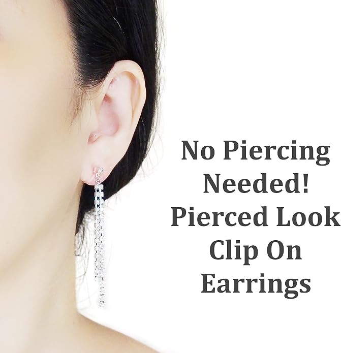 Dangle Silver Invisible Clip On Earrings for Women Not Pierced Gold Crystal Rhinestone Comfortable Hoop Fringe Long Chain Clip On Earrings
