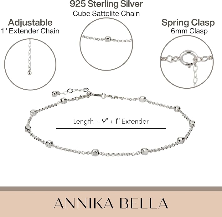 Annika Bella Chain Ankle Bracelet, Anklets for Women Waterproof, 9-10 Inches Silver Chain, Foot Jewelry, Summer Accessories, Gift for Her