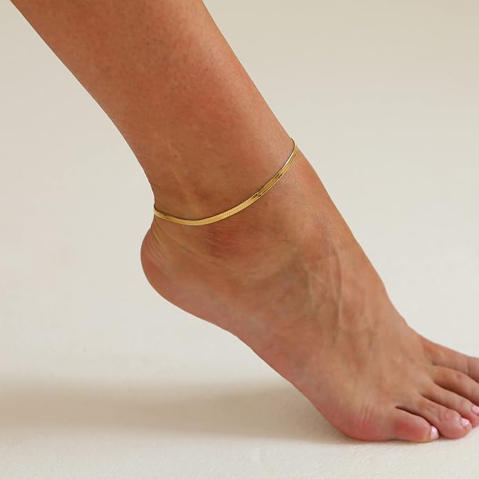Dainty Ankle Bracelets for Women 18K Gold Plated Satellite Beaded Herringbone Lip Chain Anklets Simple Minimalist Summer Beach Foot Jewelry Christmas Gifts