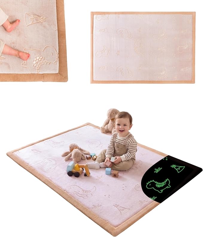 Hakuna Matte GlowCloud Baby Play Mat for Floor 47”x 67” Dinosaurs | Coral Velvet high-density foam Rug for Crawling & Cozy Play – Non-Slip, Water-Resistant, Easy-Care Tummy Time Mat