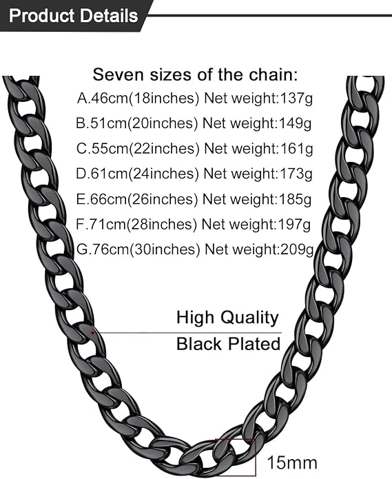 U7 Cuban Link Chain for Men Women Stainless Steel Curb Necklace, 7/9/12/15 MM Chunky Chain Silver/Gold/Black Mens Hip Hop Jewelry 18''-30''