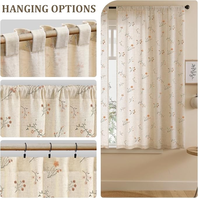 Floral Embroidered Linen Blend Curtains for Bedroom, 63 Inch Light Filtering Spring Farmhouse Vintage Drapes Beige Flower Window Treatments for Living Room Rod Pocket, Set of 2 Panels