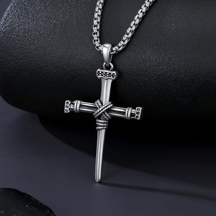 Crown of Thorns Necklace for Men 925 Sterling Silver Nail Cross Necklace Pendant Religious Christian Jewelry Valentines Day Gifts for Men