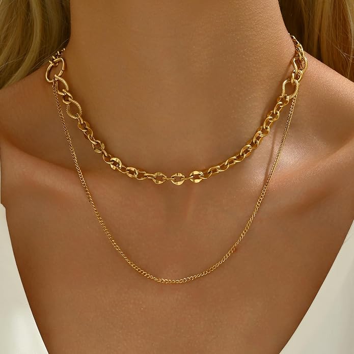 18K Gold Plated Layered Herringbone Necklaces for Women Dainty Layering Beaded Snake Chain Choker Moon Coin Pendant Necklace Trendy Stainless Steel Jewelry
