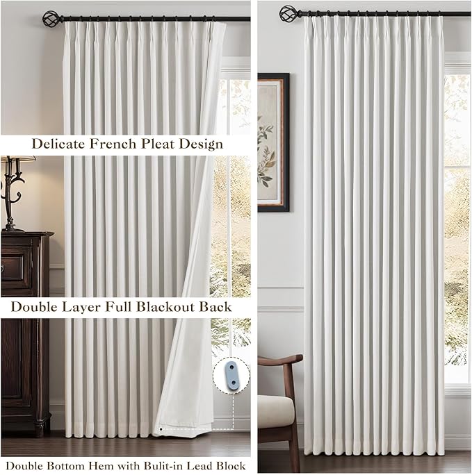 IVAPUPU Linen Pinch Pleated Blackout Curtains for Bedroom - Ivory Full Black Out Curtains 108 Inch 2 Panels Set for Living Room Darkening Thermal Window Curtain Drapes with 16pc Hooks