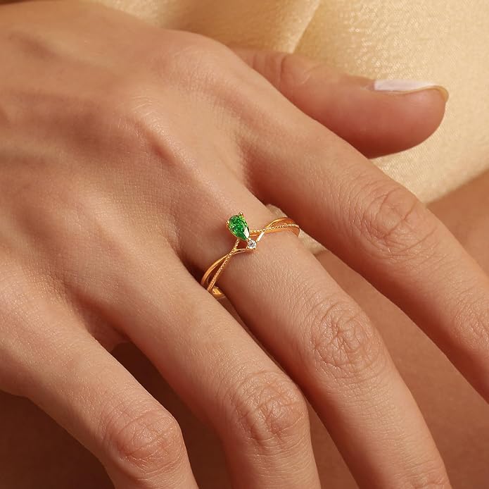 925 Sterling Silver Birthstone Ring for Women Non Tarnish Stackable Ring 14K Gold Plated Pear Teardrop Green Cubic Zirconia Crown V Engagement Promise Rings Wedding Graduation Jewelry Gifts