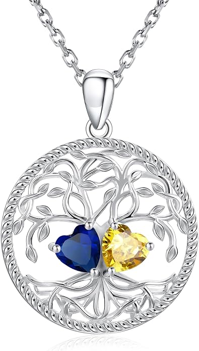 Mothers Day Gifts for Women，925 Sterling Silver Family Tree of Life Pendant Necklaces with 2 Heart Birthstone Jewelry Birthday Anniversary Christmas Gifts for Her Girlfriend Mom Wife Grandma Daughter