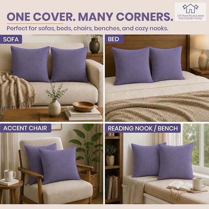 LFH Home Lavender Cotton Rich Throw Pillow Covers 18x18 Set of 2, Decorative Cushion Covers with Blanket Stitch Edge, Farmhouse Accent Pillow Cases for Sofa Couch Bed Living Room, 18 x 18 Inch