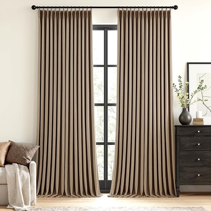 MIULEE Cafe Brown Pinch Pleated 100% Blackout Linen Curtains for Bedroom, Room Darkening Memory Trained Light Blocking Window Curtains 90 inches Long for Living Room, Black Out Pleat Drapes, 2 Panels