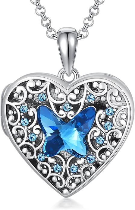 Dorunmo Personalized Locket Necklace 925 Sterling Silver that Holds Pictures Butterfly Birthstone Photo Heart Locket Custom Jewelry Congratulations New Beginnings New Job Gifts for Women
