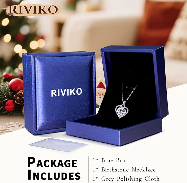 RIVIKO Heart Birthstone Pendant Necklace for Women 925 Sterling Silver Zirconia Necklaces Valentine's Day Anniversary Birthday Mothers Day Jewelry Gifts For Her Mother Wife