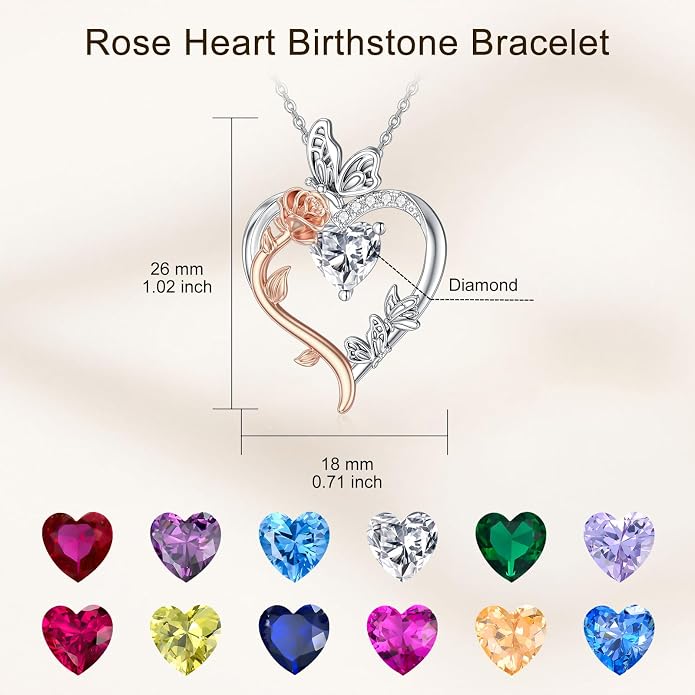 TOUPOP Rose Heart Birthstone Necklace 925 Sterling Silver Heart Butterfly Pendant Love Jewelry Birthday Gifts for Women Wife Mom Her
