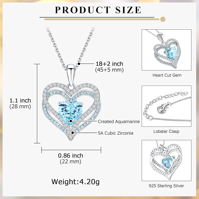 Anniversary Charm Necklace, Sterling Silver 14K Gold Plated Chain with Interlocking Heart Pendant Elegant Birthstone Necklaces for Women, Length 18"
