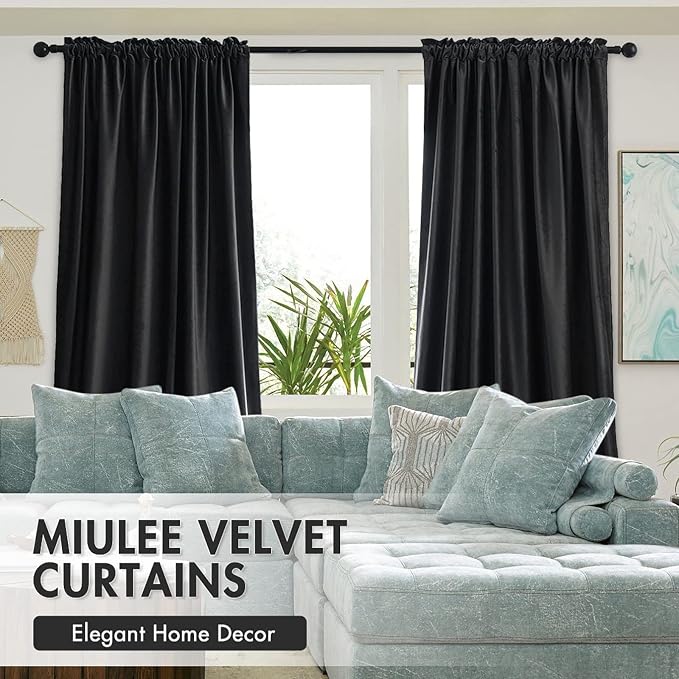 MIULEE Black Blackout Velvet Curtains Drapes 72 Inch Long 52"x72" Bedroom | Luxurious Bedroom Living Room Decor, Room Darkening, Thermal Insulated, Rod Pocket Design, Super Soft Fabric