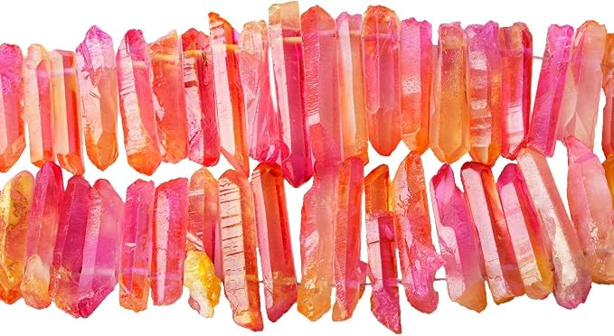 TUMBEELLUWA Rock Quartz Crystal Points Loose Beads for Jewelry Making, Titanium Coated Polished/Raw Quartz Beads 15 Inches Top Drilled,Orange/Pink Crystal Points(0.5"-1.6")