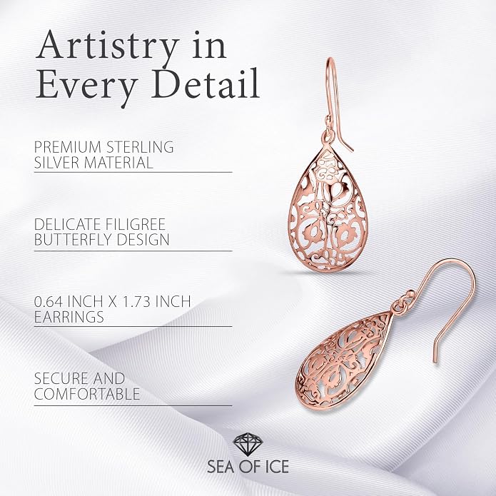 Sterling Silver Tear Drop Dangle Filigree Earrings for Women – boho and Chic Pear Shape Hook Earrings with Thin and Lightweight Hook