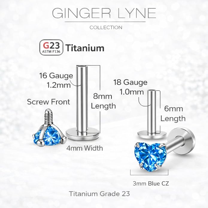 Titanium Heart CZ Labret Stud Earrings for Piercings by Ginger Lyne 6Pc Set G23 Screw Front Flat Back Body Jewelry 2 pair post 6mm, 8mm Cartilage, Helix, Tragus, Lip, Conch, Lobe