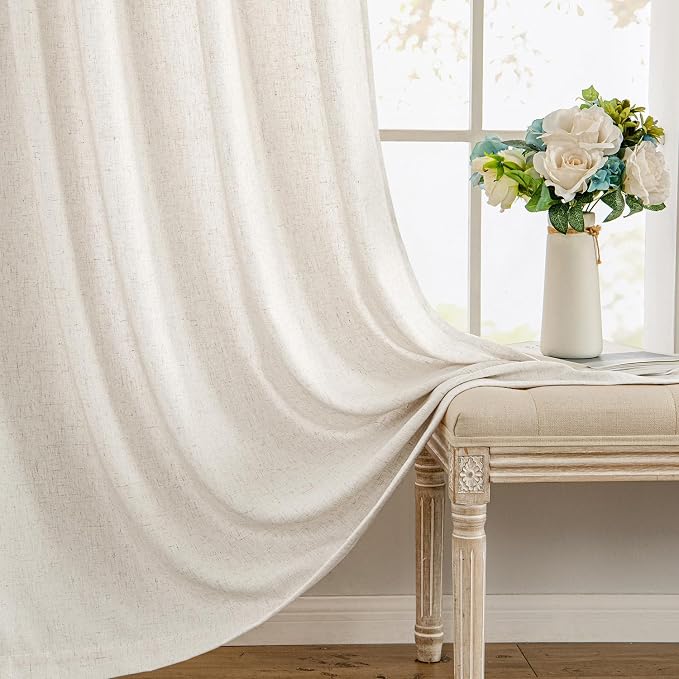 MIULEE Non-See-Through Privacy Linen Curtains 52W x 96L Inch Natural White | 2 Panels, Light Filtering, Semi Sheer Window Curtains, Farmhouse Textured, Back Tab Drapes for Bedroom Living Room