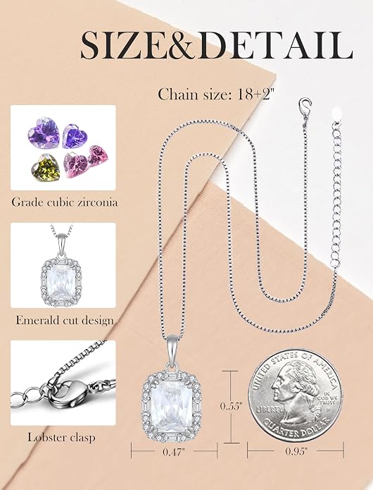 Princess Cut Necklaces for Women, 925 Sterling Silver Emerald Cut Birthstone Pendant Necklace Halo Square Rectangle Jewelry Gifts for Her
