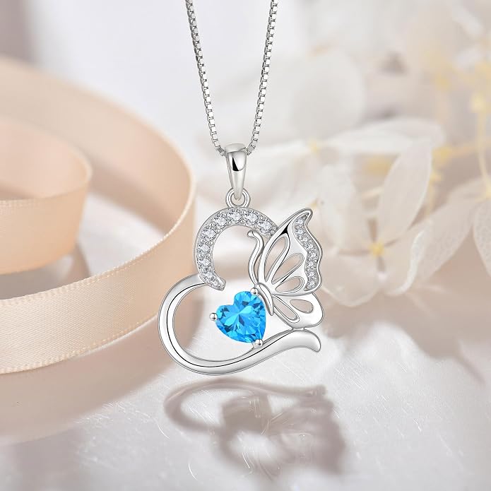 Butterfly Necklace for Women 925 Sterling Silver Heart Pendant Birthstones Jewelry Gift