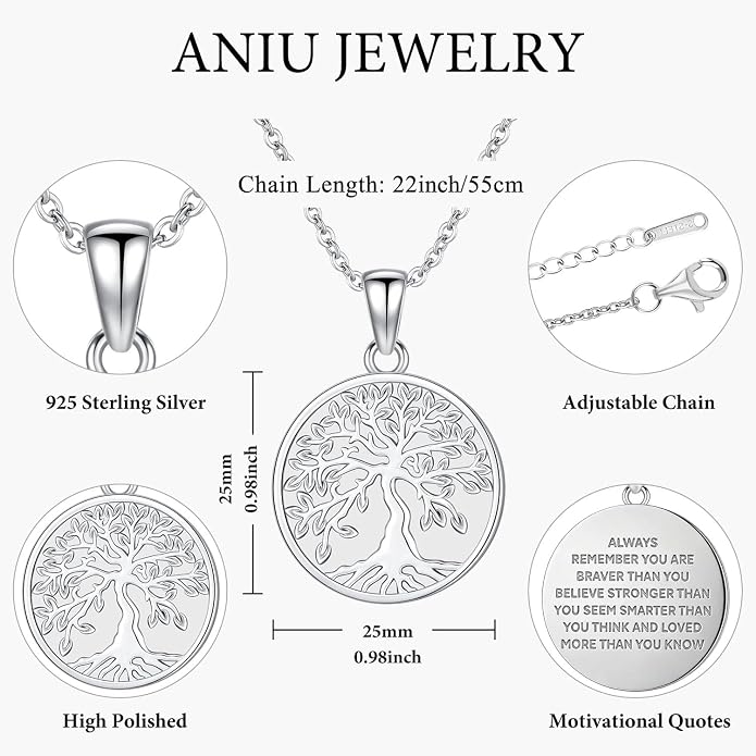 Aniu Tree of Life Necklace for Women, 925 Sterling Silver Mother of Pearl Family Palm Tree Charm Pendant Jewelry for Birthday Christmas Gift