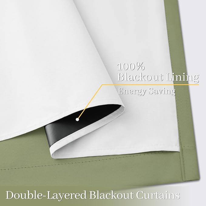 Yakamok Sage Blackout Curtains 96 Inches Long for Bedroom 50" Wide 2 Panel | Blackout Curtain Panels for Bedroom, 2 Thick Layers Grommet Top Thermal Insulated Drapes with White Back for Living Room