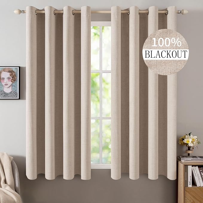 MIULEE Linen Textured Curtains for Bedroom Solid 100% Blackout Thermal Insulated Natural Beige Grommet Room Darkening Curtains & Drapes Luxury Decor for Living Room 52 x 54 Inch (2 Panels)