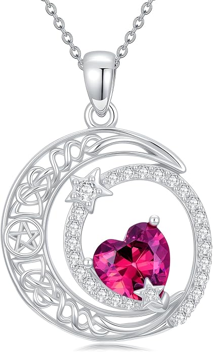 Dorunmo Heart Birthstone Necklace for Women 925 Sterling Silver Moon and Star Pendant Birthday Jewelry Gifts for Wife Her Daughter Mom