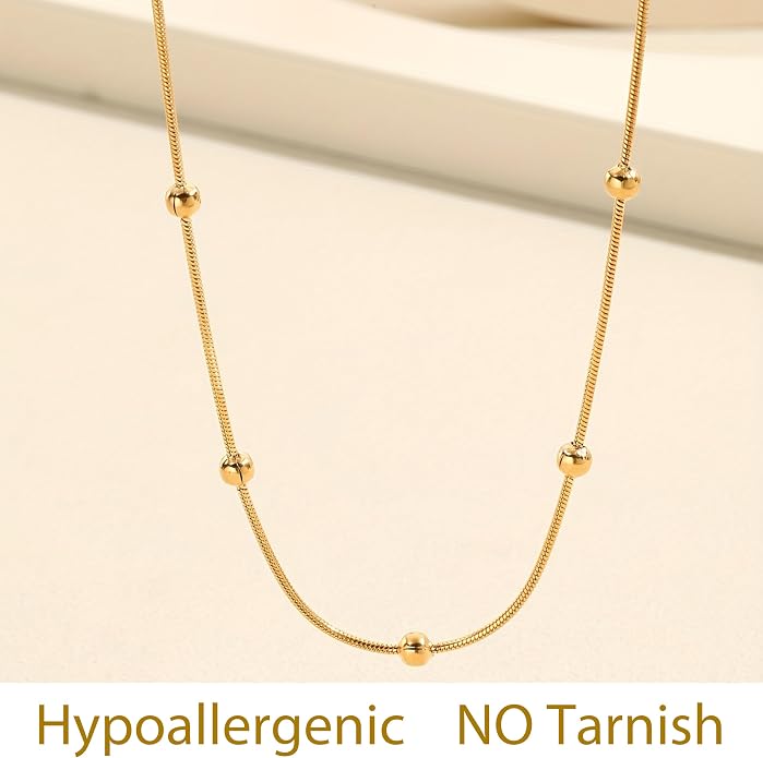 14K Gold Plated Necklace for Women 925 Sterling Silver Chain Satellite Choker Necklace with Round Bead Simple and Fashionable Design Graduation Father's Day Jewelry Gift for Her(Gold)