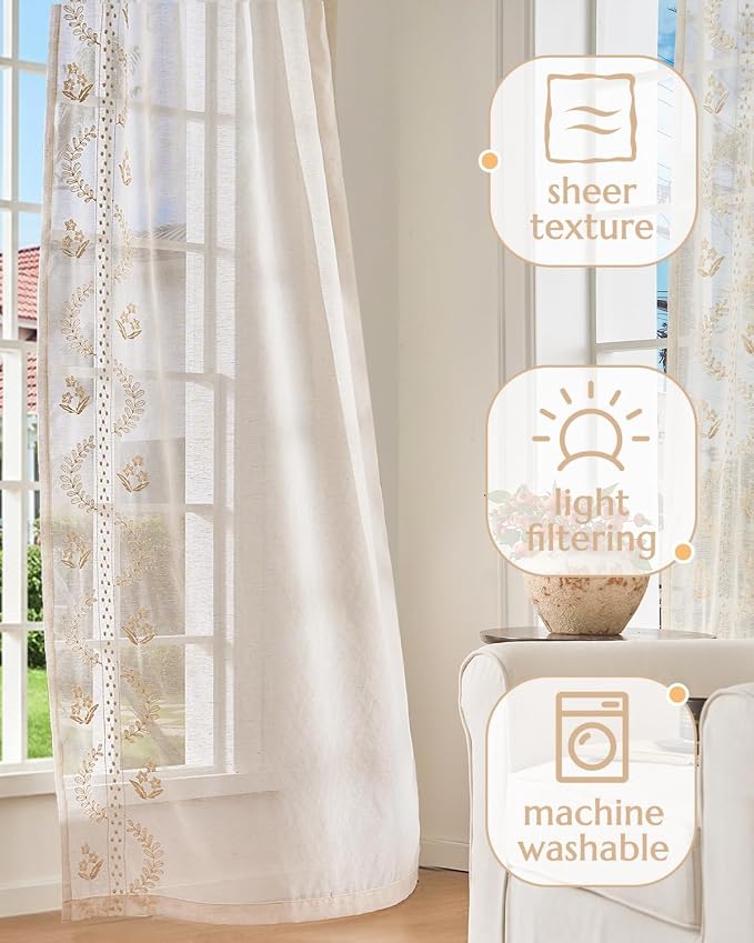 jinchan Belrose Linen Sheer Curtains for Living Room 63 Inch Length Sheer Voile Embroidered Floral Curtains for Bedroom Light Filtering Rod Pocket Window Treatments Farmhouse Decor 2 Panels Beige