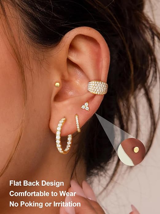 Dainty Big Small Hoop Earrings for Women Huggie Hypoallergenic Silver Gold Flat Back Stud Earrings Set 14K Gold Plated Luxury Cubic Zirconia Ear Cuff Cartilage Earrings for Multiple Piercing Jewelry Gifts for Women 5 Pairs